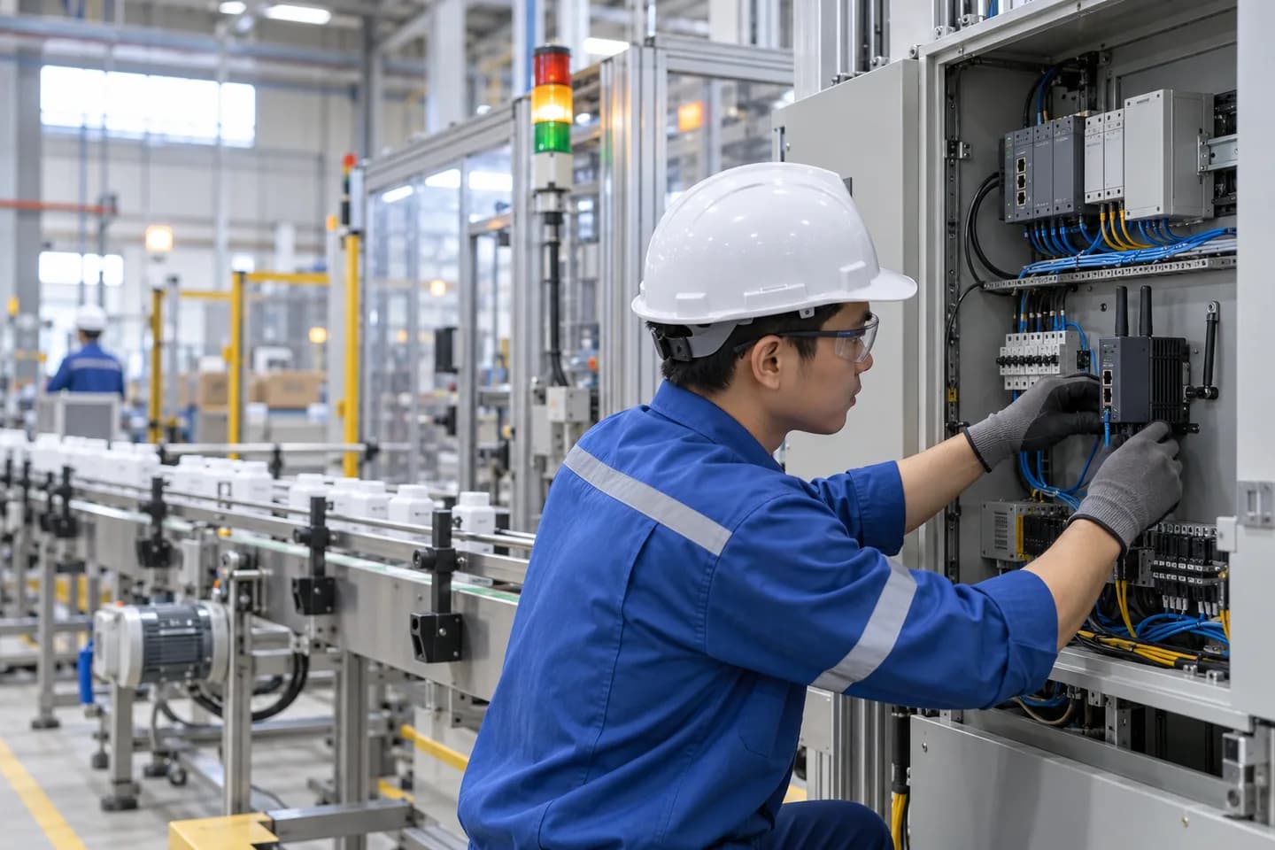 Kỹ sư tự động hóa đang tích hợp tủ PLC và thiết bị edge tại nhà máy, ảnh minh họa