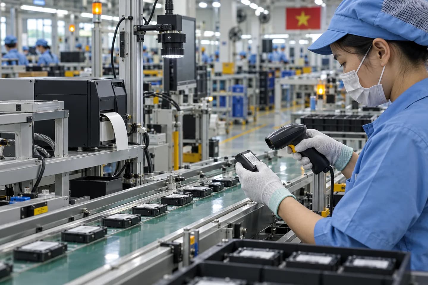 Công nhân quét mã tại dây chuyền lắp ráp điện tử ở Việt Nam, ảnh minh họa