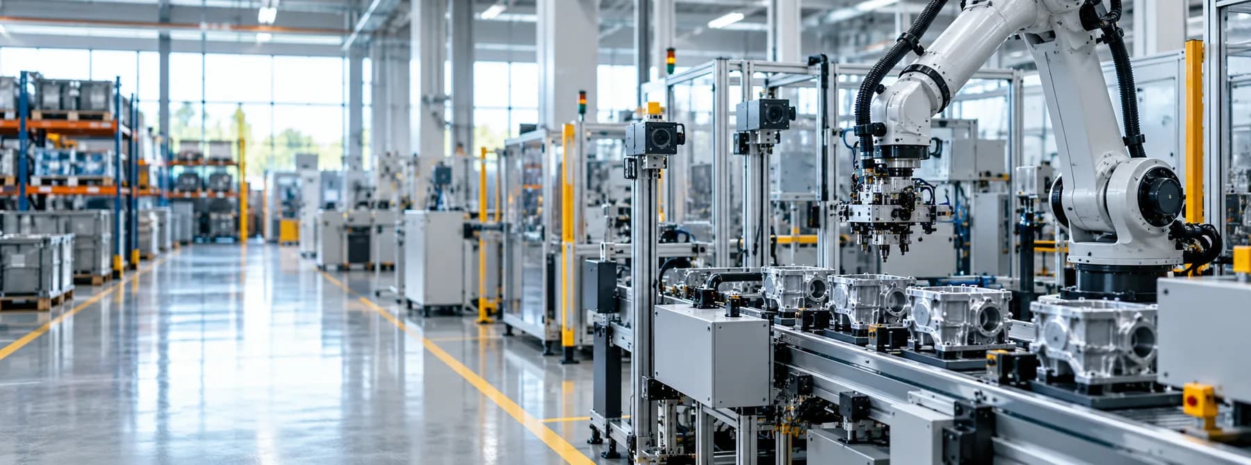 Dây chuyền sản xuất công nghiệp với robot và băng chuyền